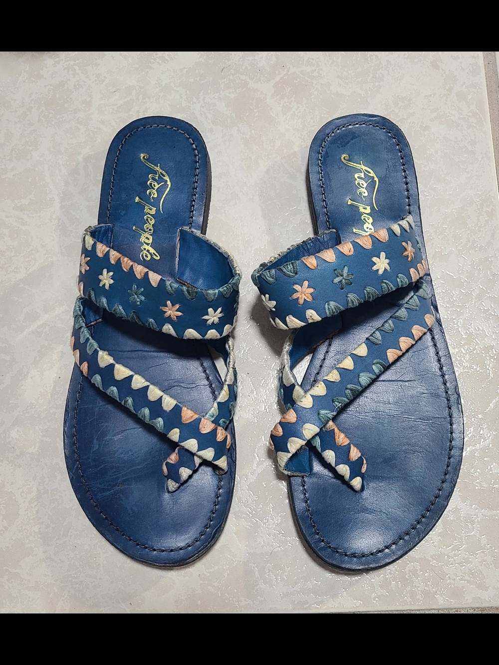 Free People Navy Blue Embroidered Cross-Strap Slide Sandals